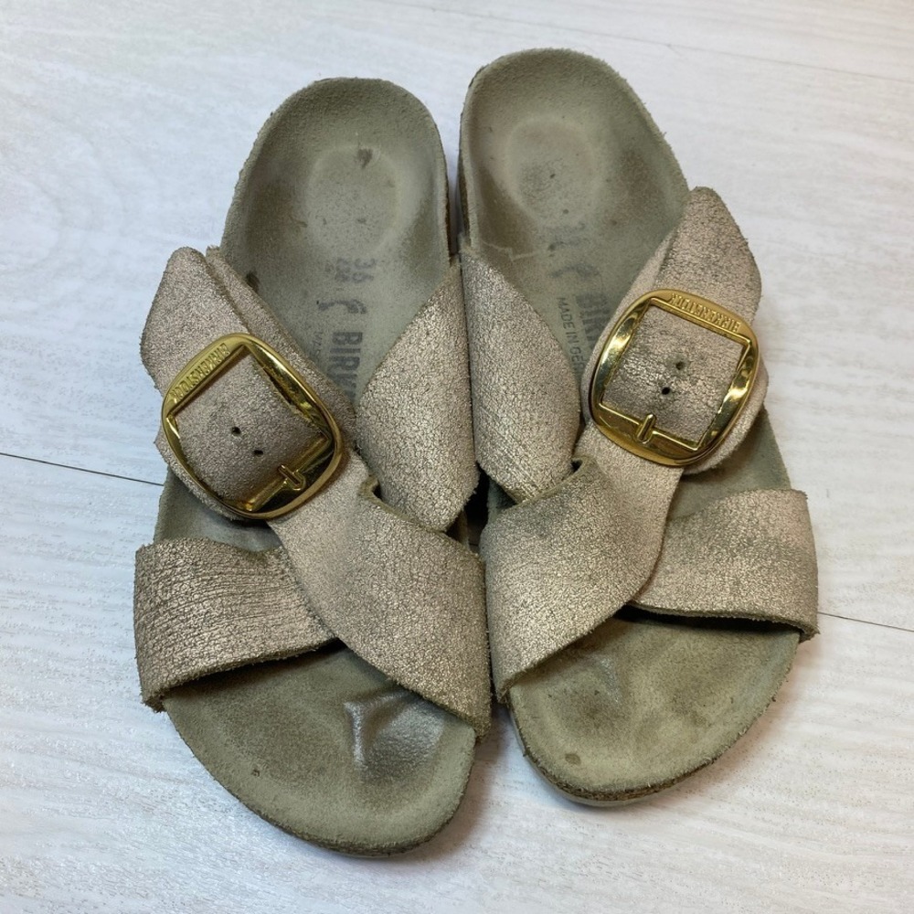 Birkenstock Womens Size 5 36 Siena Big Buckle Sandals Metallic Gold Suede Slides